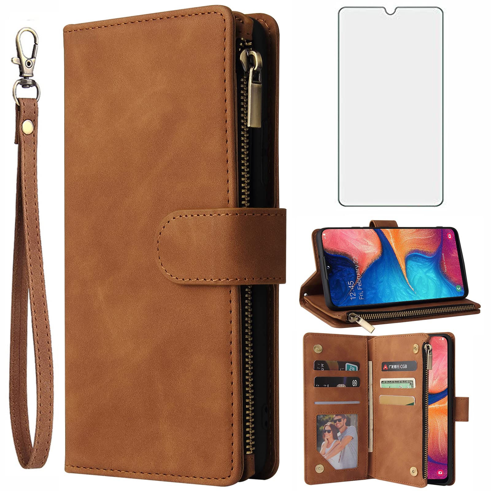 Asuwish Compatible with Samsung Galaxy A20e Wallet Case Tempered Glass Screen Protector and Leather Flip Cover Card Holder Cell Accessories Phone Cases for Glaxay A 20e Gaxaly 20ae Women Men Brown