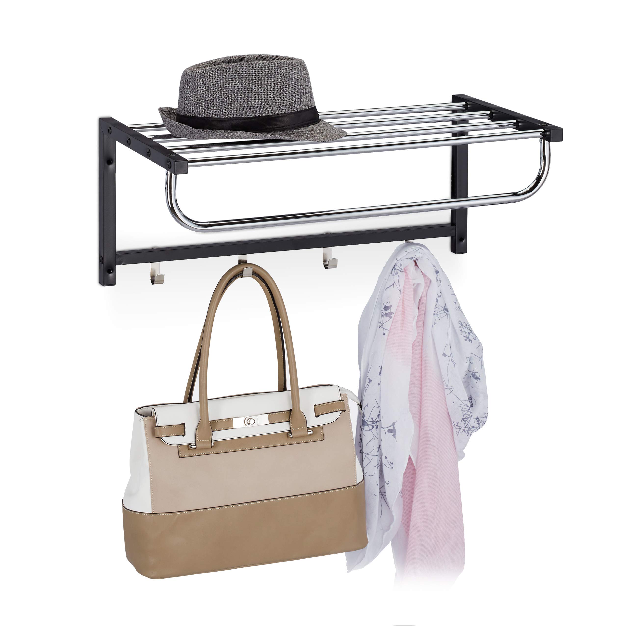 Relaxdays Wall Coat Rack with Shelf, Wardrobe Rail 4 Hooks, Hallway & Bathroom, Modern, Metal, 25 x 60 x 32.5 cm, Black