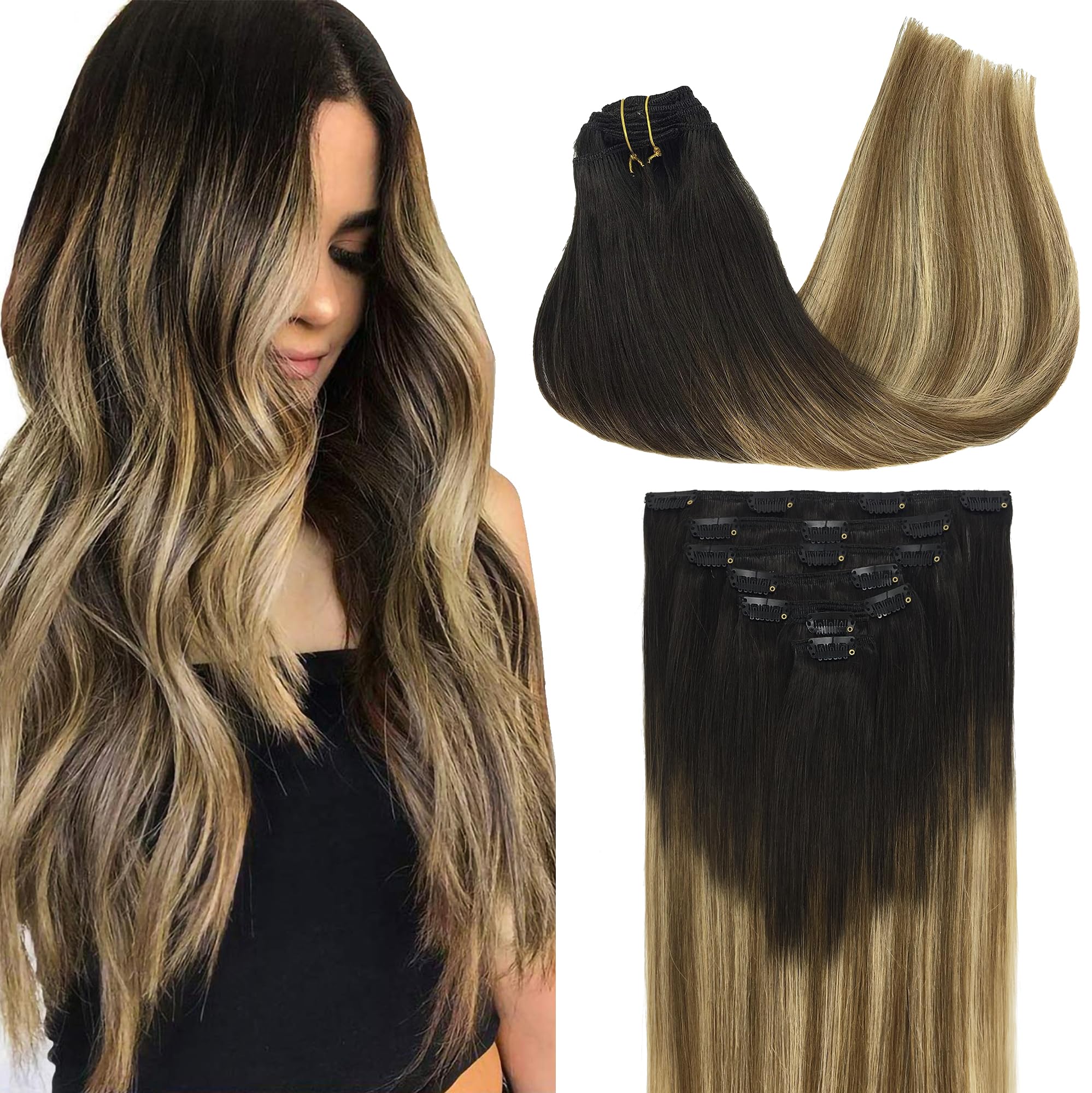 GOO GOO Clip in Human Hair Extensions, 22inch 120g 7pcs, Hair Extensions Clip in, 2/6/18 Balayage Brown to Dirty Blonde — image 1