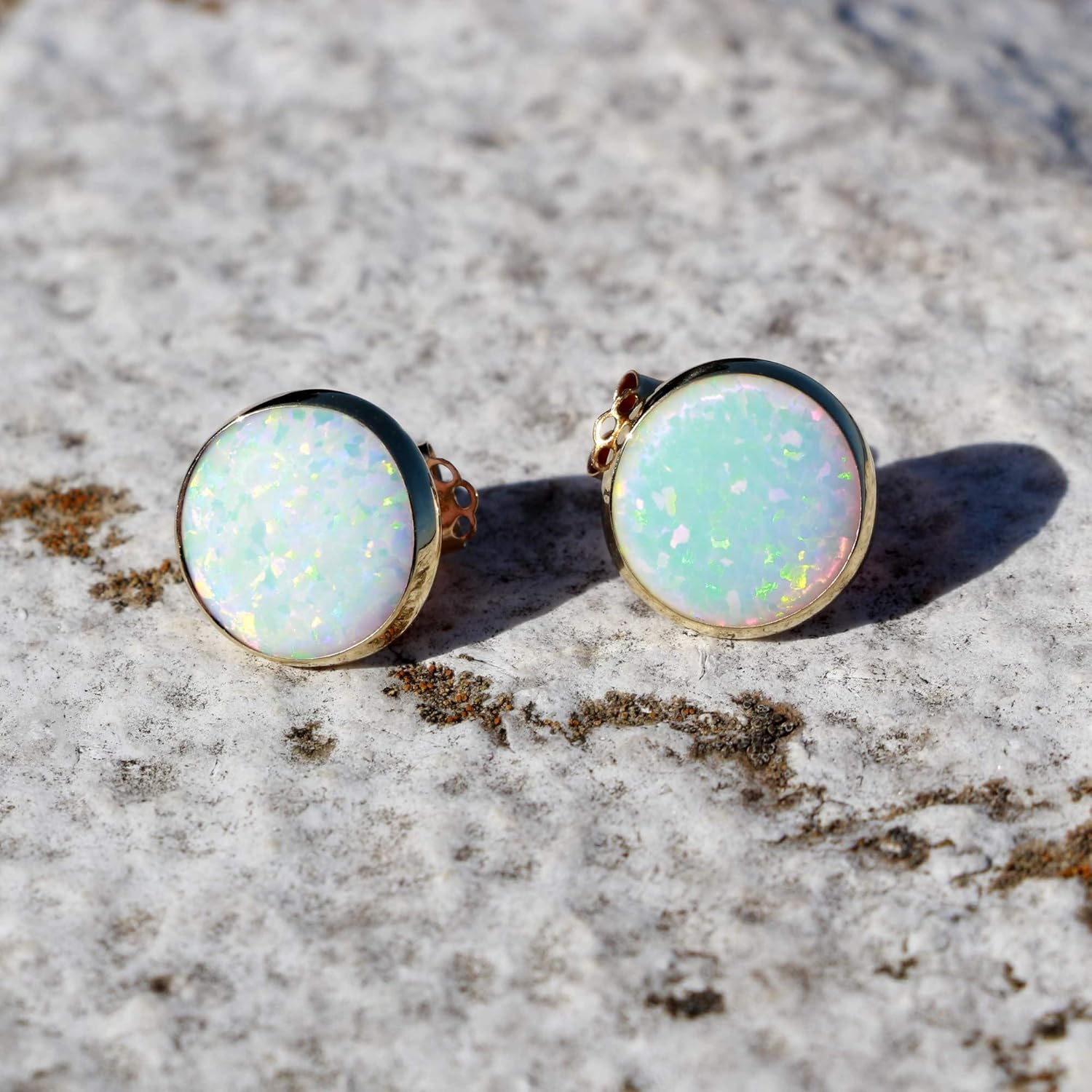 Amazon.com: 14K Gold White Opal Stud Earrings - Solid 14K Yellow Gold