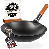 YOSUKATA 14" Black Carbon Steel Wok with Round Bottom | Pre-Seasoned Pow Wok for Stir Fry &ndash; Traditional Chinese Pan &ndash; Outdoor Cookware for Gas Stovetops, Open Fire, BBQ, Camping