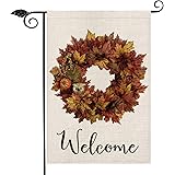AVOIN Autumn Leaf Wreath Welcome Garden Flag Vertical Double Sized Owl Pumpkin Leaves Flower, Seasonal Fall Yard Outdoor Decoration 12.5 x 18 Inch