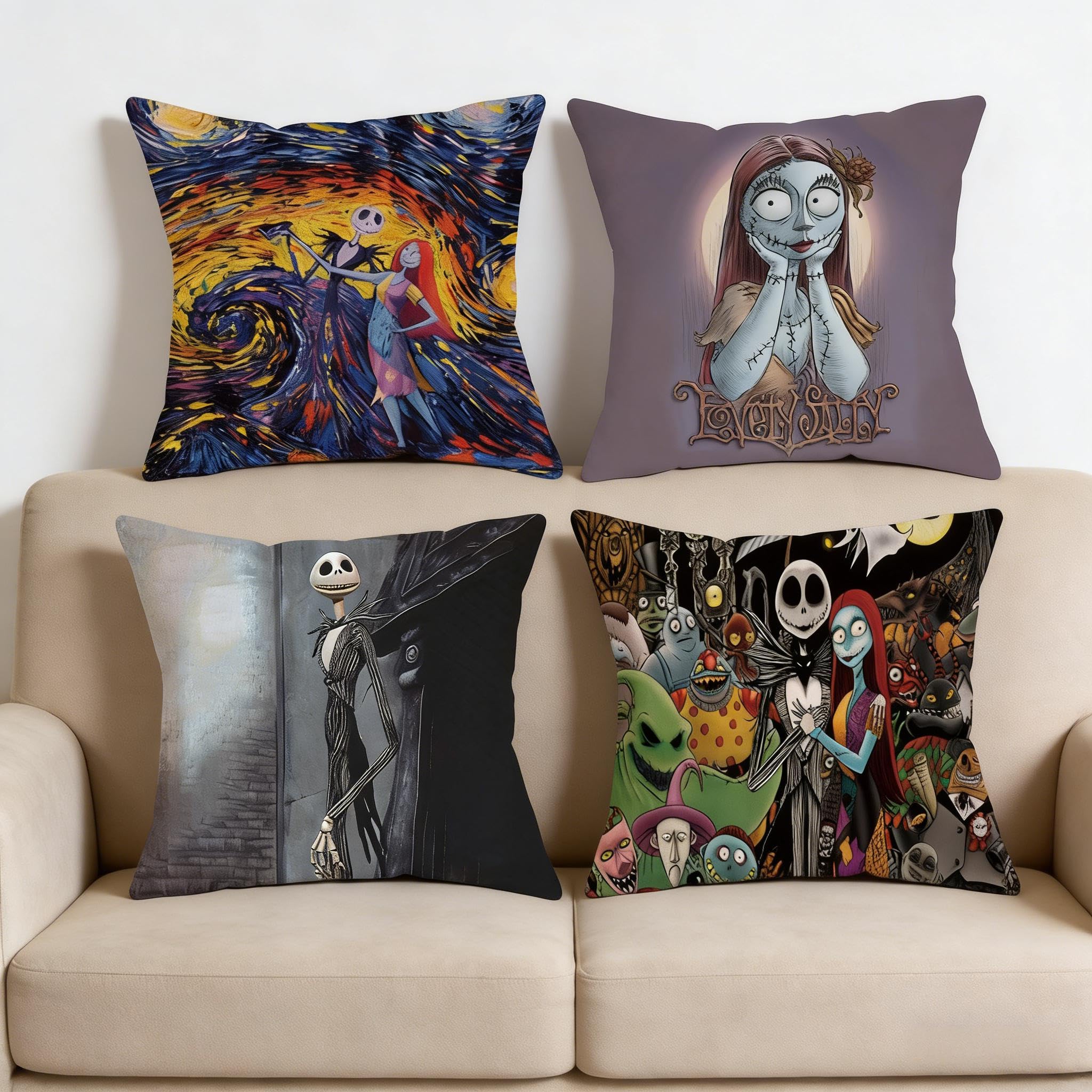 VFY Nightmare Before Christmas 4-Piece Square Throw Pillow Case, Nightmare Before Christmas Decorations Cushion Cover Pillowcases, Nightmare Before Pillow Cover for Livingroom Sofa Bedroom