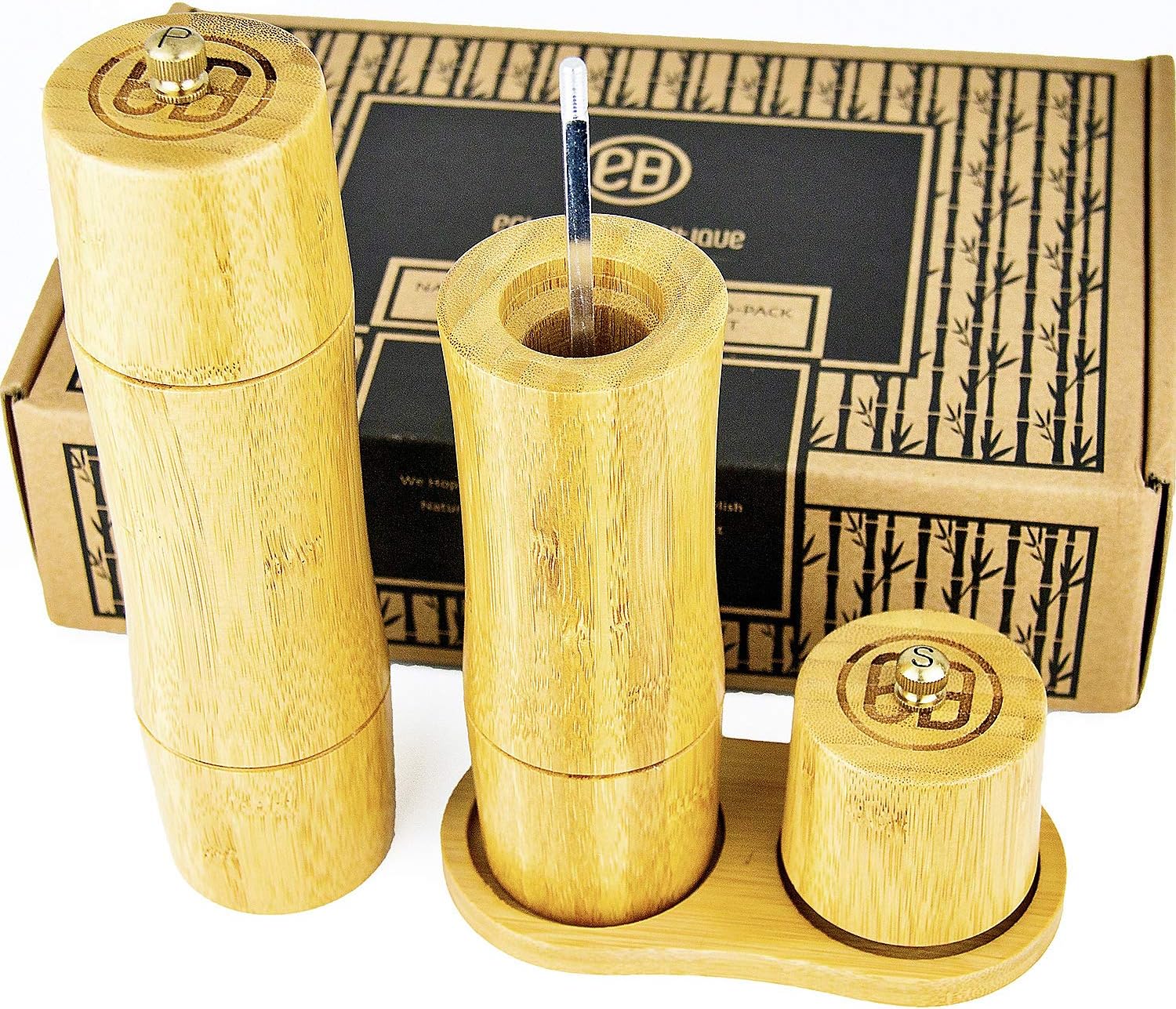 Bamboo Wooden Salt & Pepper Mill Set with Stand, Ceramic Grinder Blades with Adjustable