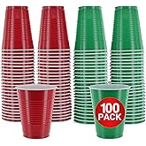 AMCRATE Disposable Cups, Red & Green Colored - 18 oz Plastic Party Cups, Sturdy & Durable for Christmas Party, 100 Pack