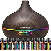 InnoGear Aromatherapy Diffuser & 10 Essential Oils Set, 400ml Diffuser Ultrasonic Diffuser Cool Mist Humidifier with 4 Timers 7 Colors Light Waterless Auto Off for Valentine's Gift, Dark Wood Grain