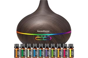 InnoGear Aromatherapy Diffuser & 10 Essential Oils Set, 400ml Diffuser Ultrasonic Diffuser Cool Mist Humidifier with 4 Timers 7 Colors Light Waterless Auto Off for Large Room Office, Dark Wood Grain