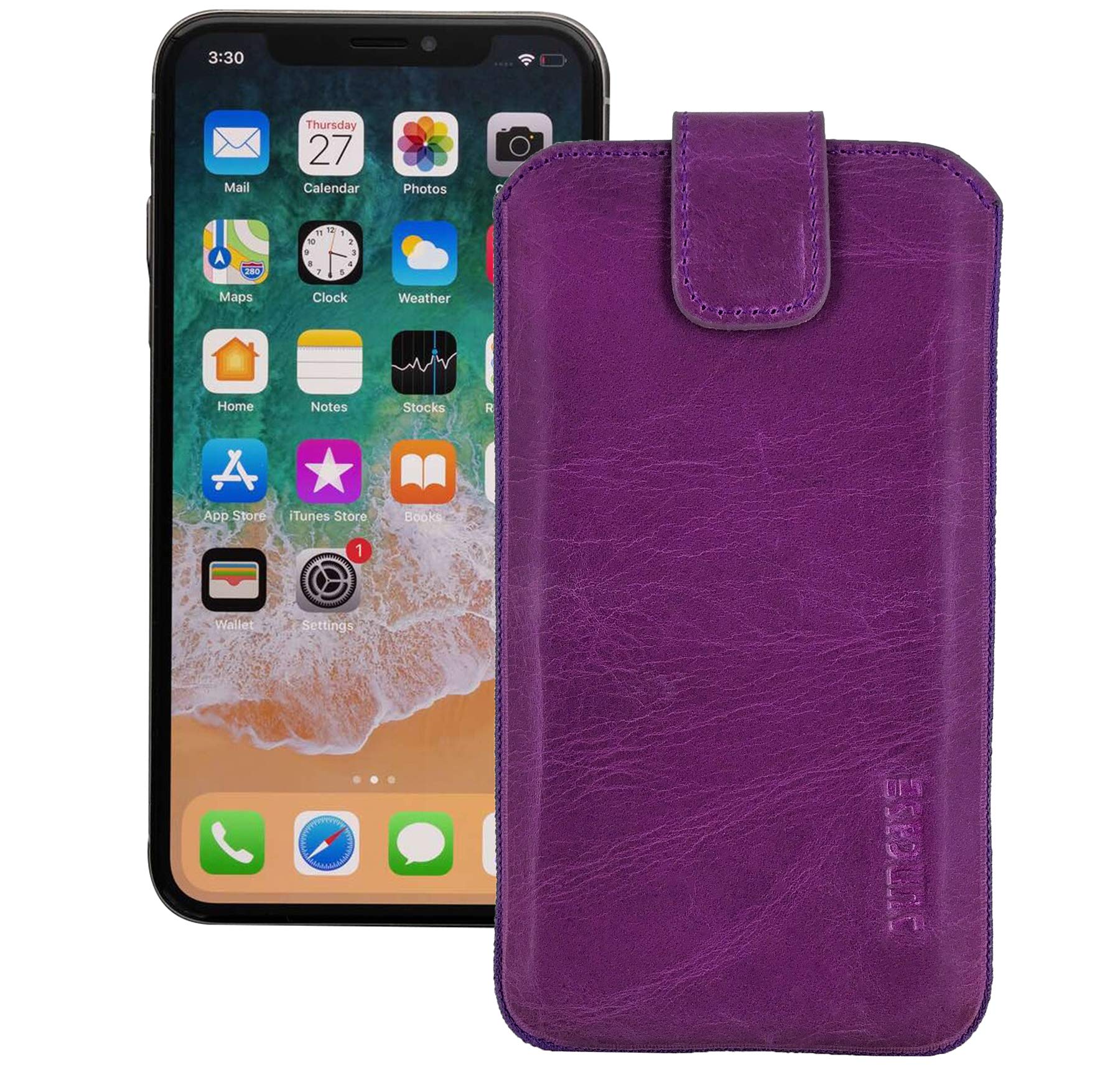 GENUINE leather case compatible with iPhone 12 Pro (6.1") with ADDITIONAL transparent cover | shell | silicone bumper cell phone case (with pull-out function and magnetic closure) in antique purple