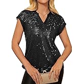 GRACE KARIN Women's Sequin Sparkly Tops Cap Sleeve Dressy Blouses Glitter Party Tops V Neck Disco Shirts Club Concert Outfits