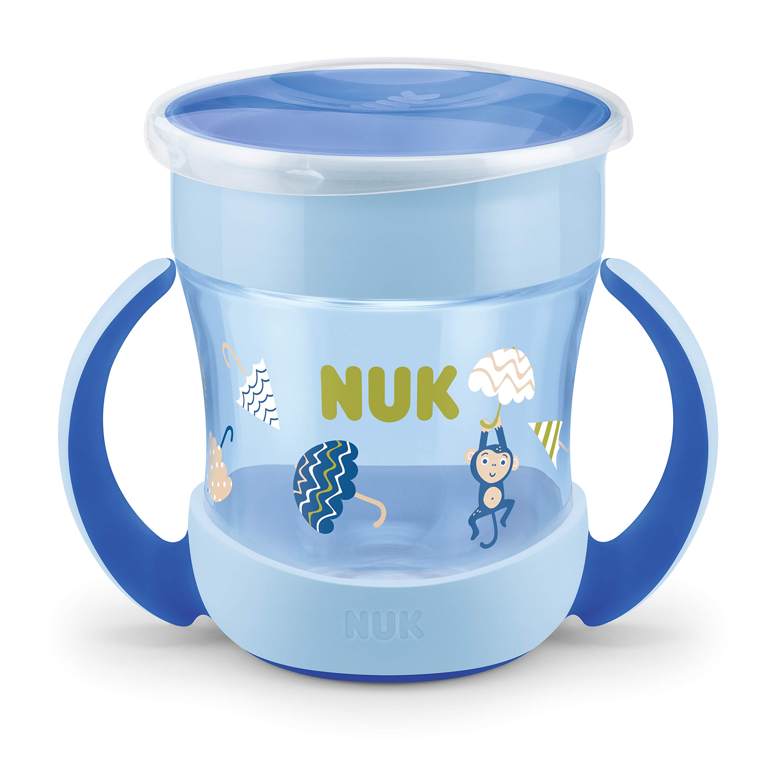NUK Mini Magic Cup Sippy Cup | 360° Anti-Spill Rim | 6+ Months | Easy Grip Handles | BPA-Free | 160 ml | Monkey (Blue) | 1 Count