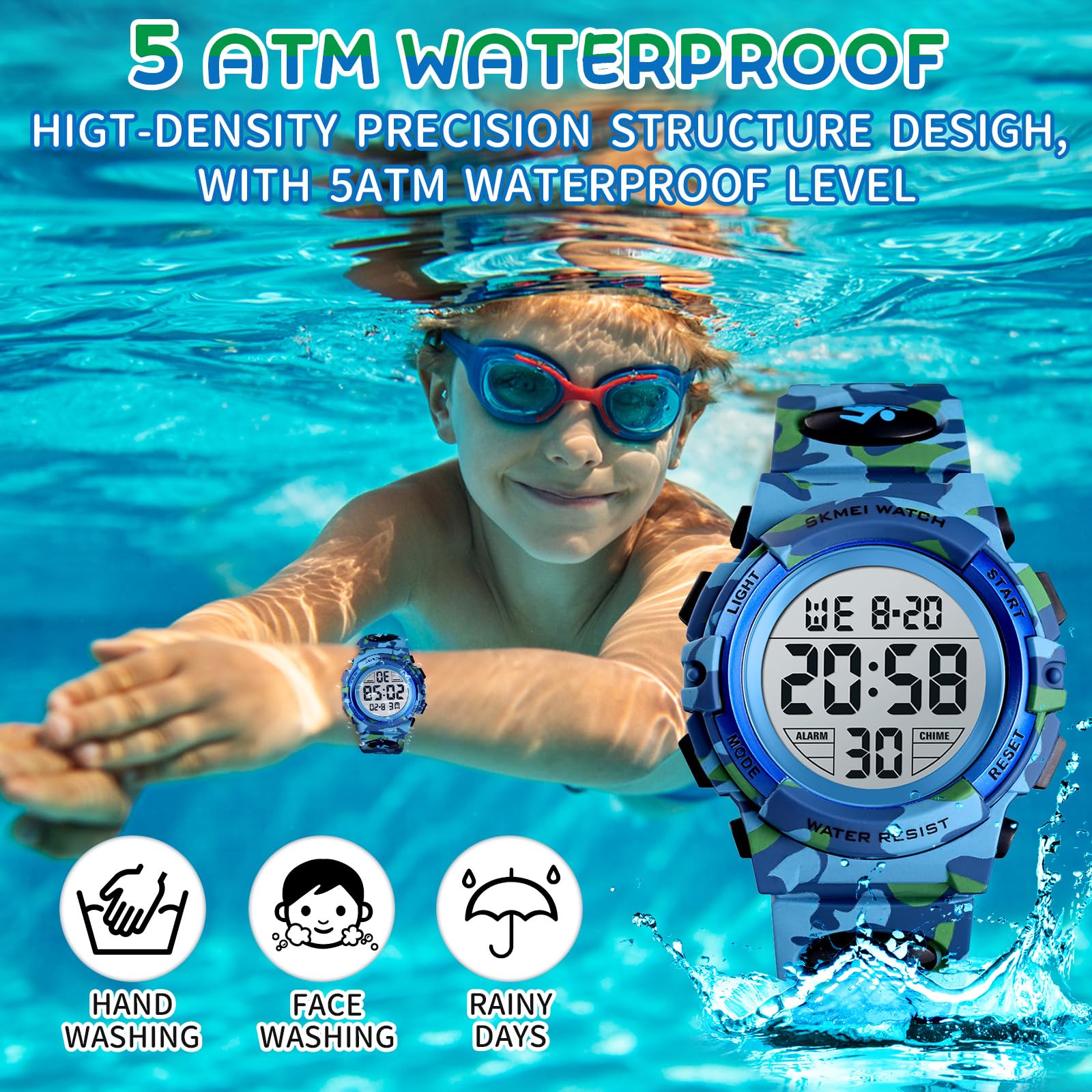 Dayllon Kids Digital Watch Boys Outdoor Sports 50M Waterproof Girls Watches Alarm Clock 12/24 H Stopwatch Calendar for Ages 3-15 Boy Girl Wristwatch Kids Gift