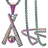 ROWIN&CO Iced Out Baseball Bat Cross Pendant Necklace for Men Women, Stainless Steel Hip hop Jewelry, Gold/Black/Rainbow 24'' Diamond Baseball Personalized Sports Chain