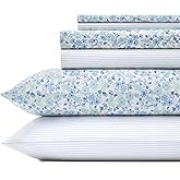 Laura Ashley - King Sheets, Cotton Percale 6-Piece Bedding Set, Crisp & Cool Home Decor (Jaynie Pastel Blue, King)