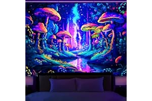 Manicer Blacklight Mushroom Forest Tapestry, UV Reactive Fantasy Tree Plants Fluorencent Wall Hanging Tapestries, Glow in the
