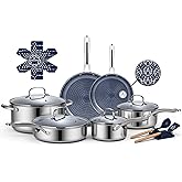 Ammeloo Hybrid Stainless Steel Cookware Set, 17-Piece Tri-Ply Pots and Pans Set Non Stick, Induction Kitchen Cookware Sets, Dishwasher & Oven Safe, PFOA Free, All Cooktops Compatible, Navy Blue
