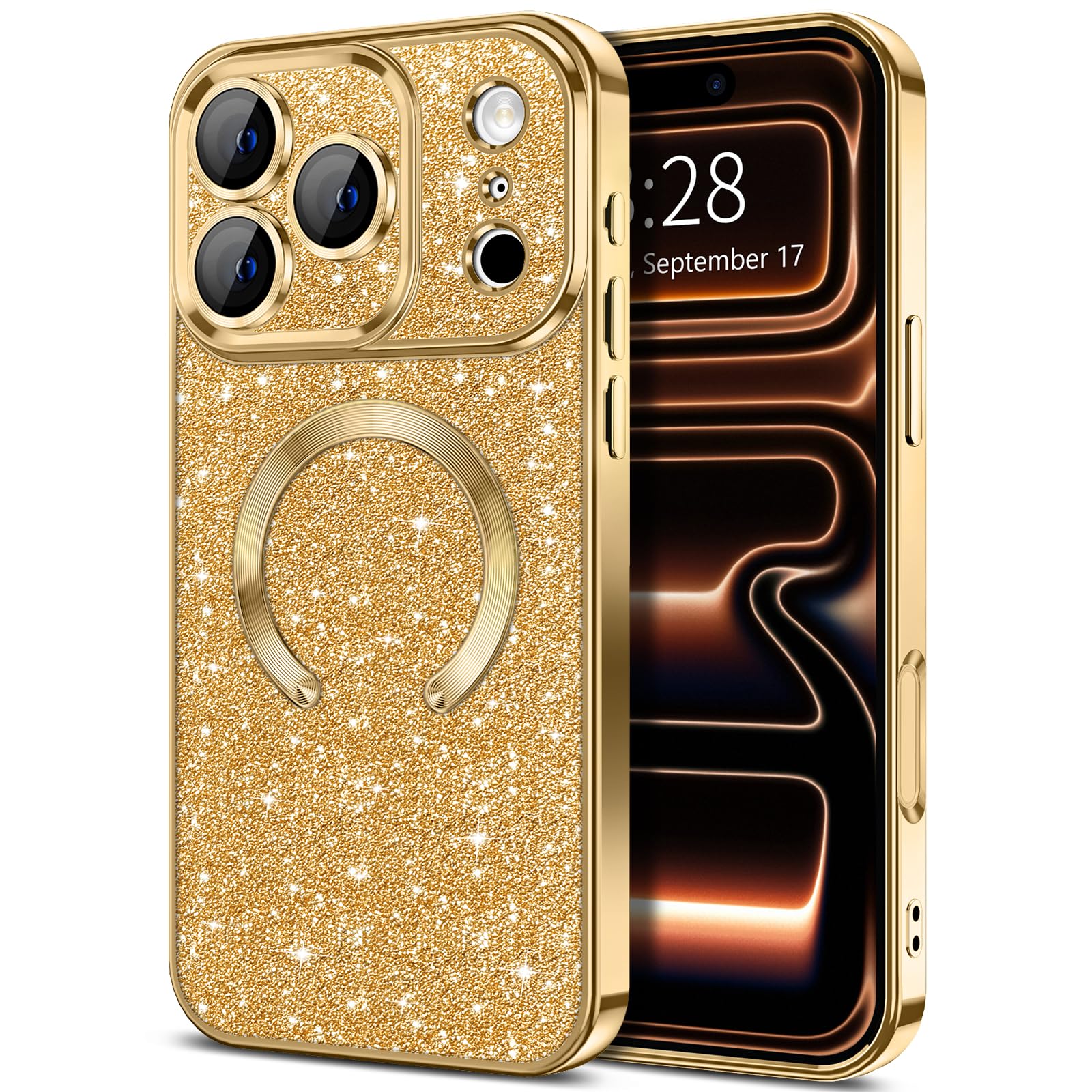 Hython for iPhone 17 Pro Case Glitter Clear Magnetic Phone Cases [Compatible with MagSafe] Full Camera Lens Protector Sparkle Luxury Plating Slim Shockproof Protective Cover Women, Gold