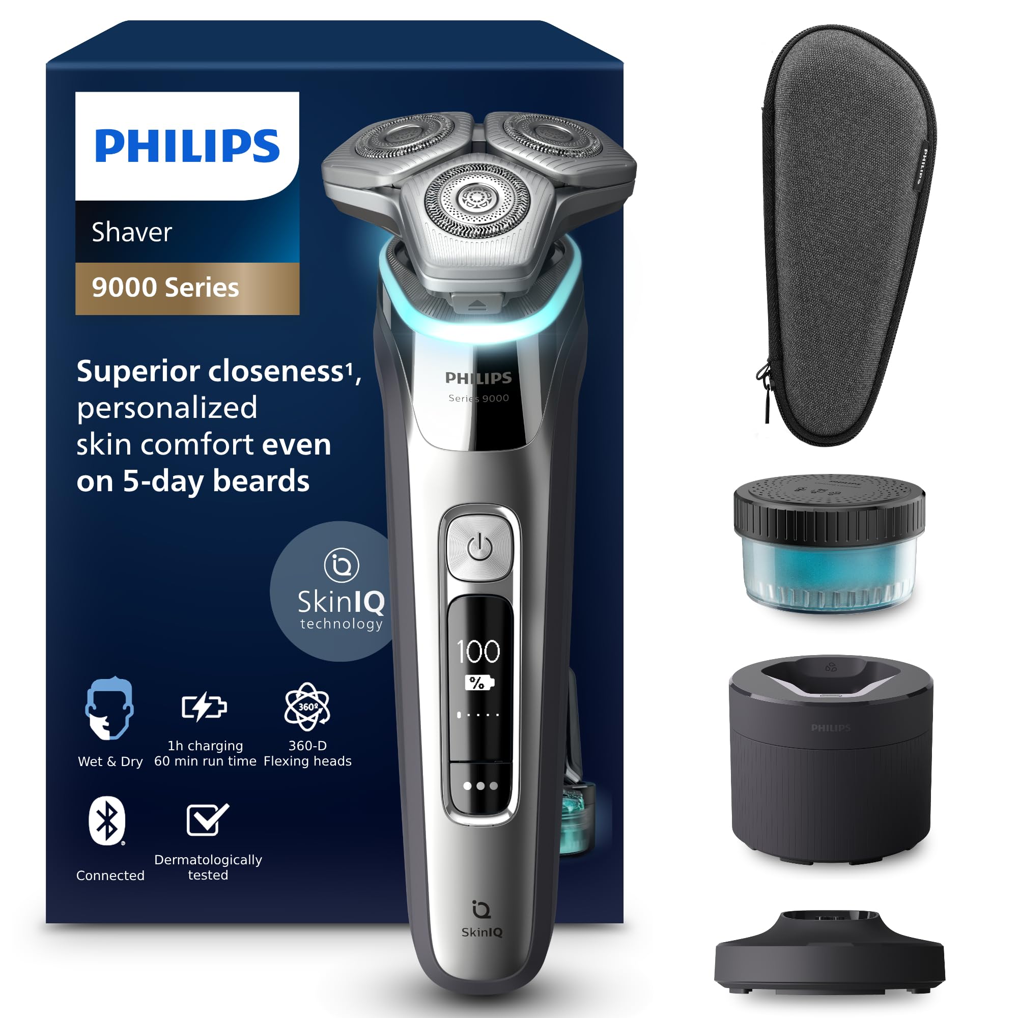 Philips Shaver Series 9000 - Wet and Dry Electric Shaver for Men, SkinIQ Technology, Pop-up Beard Trimmer, Cleaning Pod, Charging Stand and Travel Case (Model S9974/55) EU Plug
