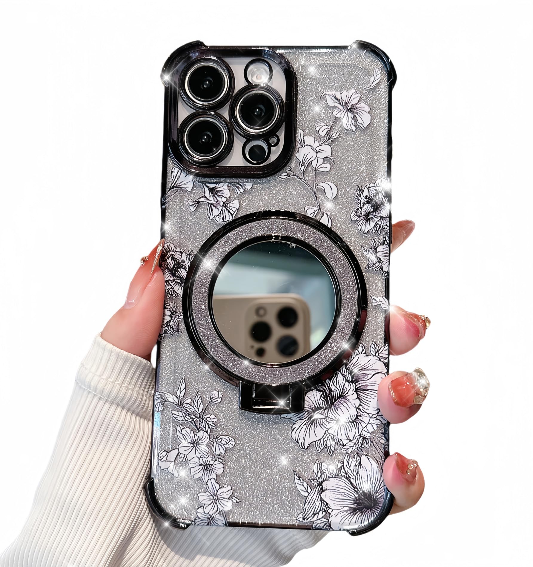 Pretaco for iPhone 13 Pro Max Case with Diamond Mirror Kickstand,[Reinforced Conner Bumper][Glitter Bling Floral Design] Luxury Shinny Electroplated Edge for Women Girls-Black