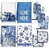 Leinuosen 8 Pcs Blue Rose Kitchen Towels and Dishcloths Sets Oven Mitts and Pot Holders Sets Absorbent Kitchen Gloves Potholders Heat Resistant for Chef Baking Cooking