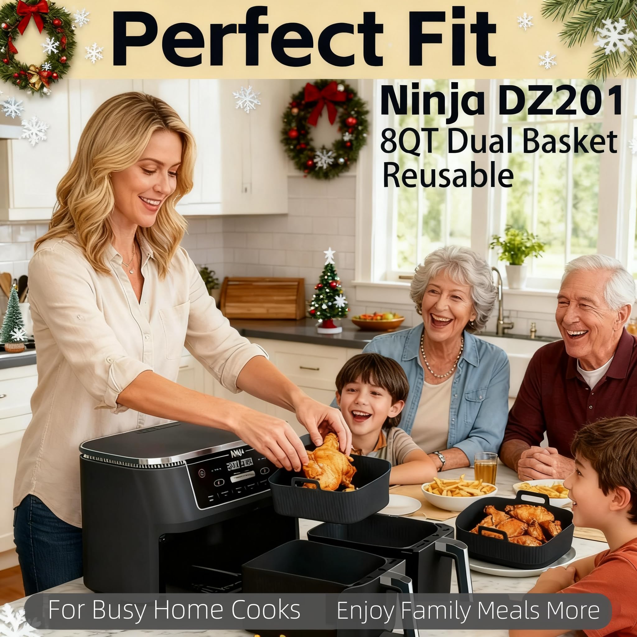 Silicone Air Fryer Liners for Ninja - Reusable DZ201 8QT Dual Basket - Rectangular 2-Pack Vacuum-Packed Easy-Clean Dishwasher-Safe Food-Safe for Home Chefs - Christmas & Housewarming Gifts