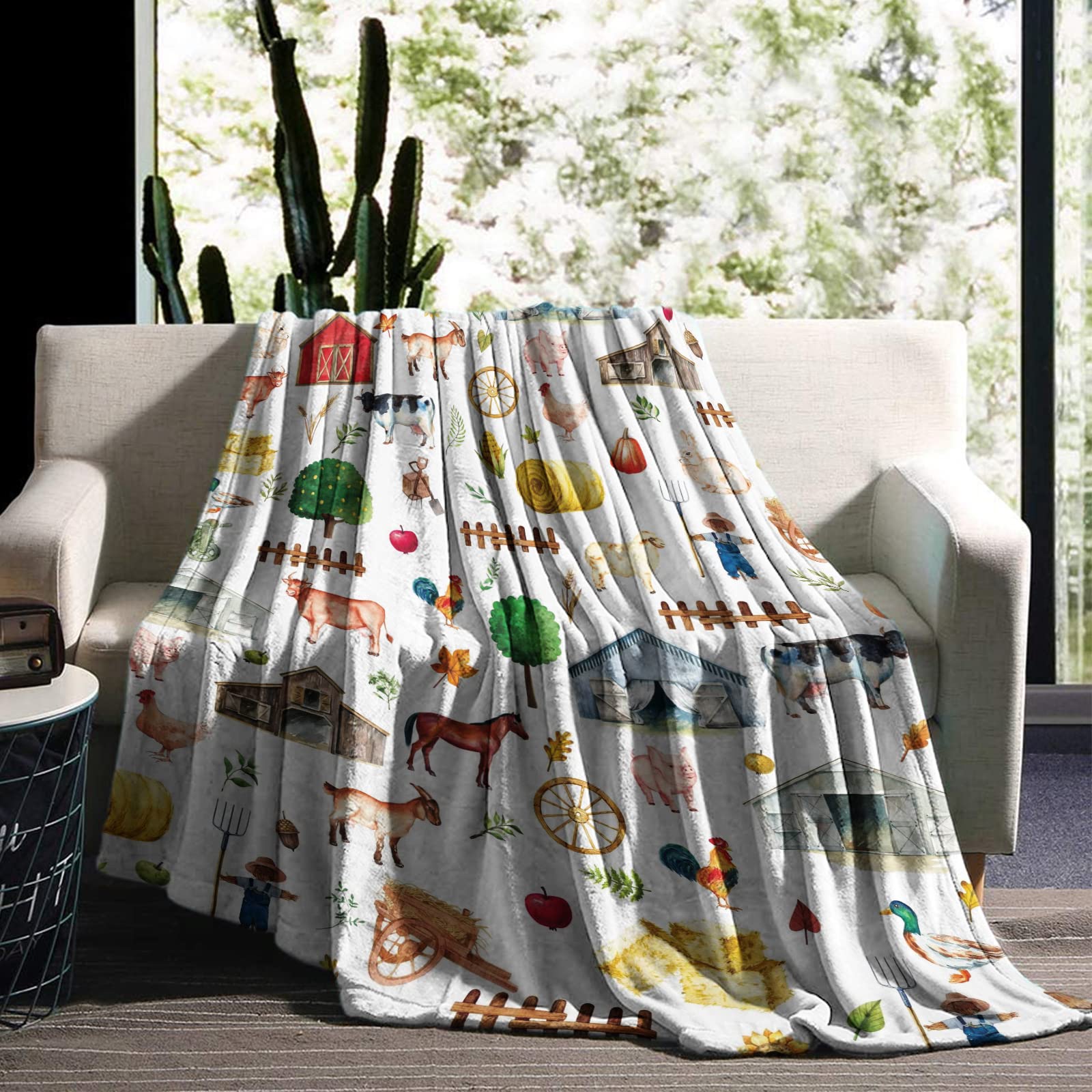 Farm Animal Throw Blanket, Cartoon Farm Themed Room Decor Horse Animal Print Oil Painting Pattern Colorful Blankets Gifts for Adults Kids Boys, Fleece Blanket for Sofa All Seasons - 150 × 130 CM — image 1