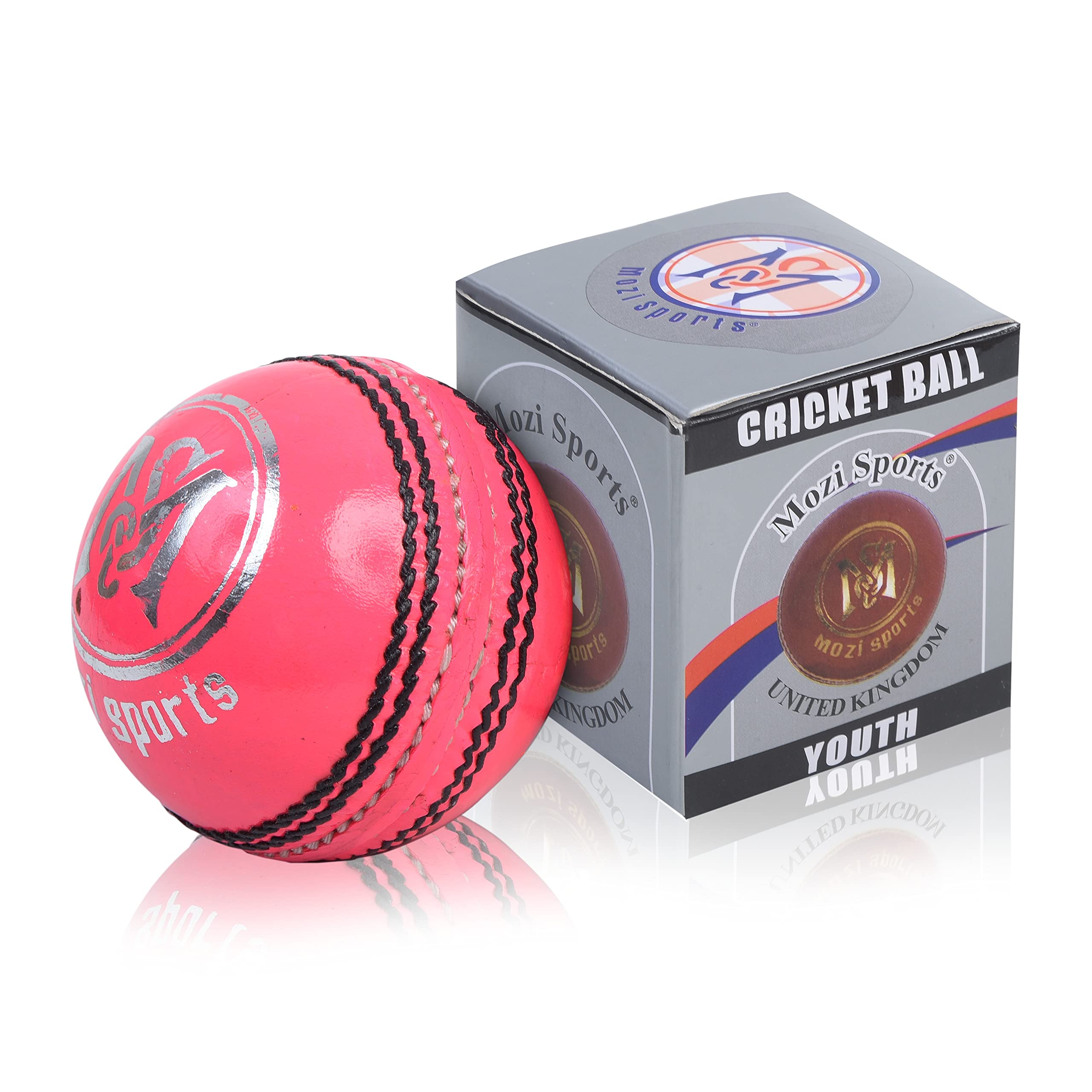 Mozi Sports Premium Leather Cricket Ball for Club Matches, Practice and Training | Senior 5.5oz & Youth 4.75oz Options | Genuine Premium and Durable Hard Cricket Balls (Single-Youth-Pink, Junior)