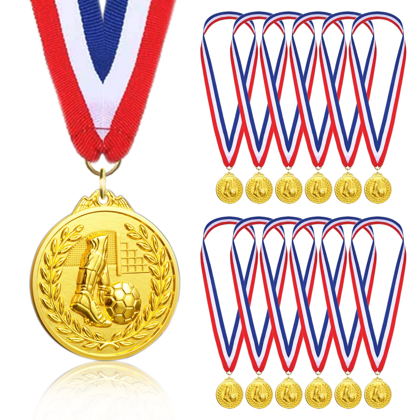 Donrime Football Medals for Kids, 12-Pack of Gold Metal Medal with Tricolour Nylon Ribbon, Football Party Favours for Boys Children Adults
