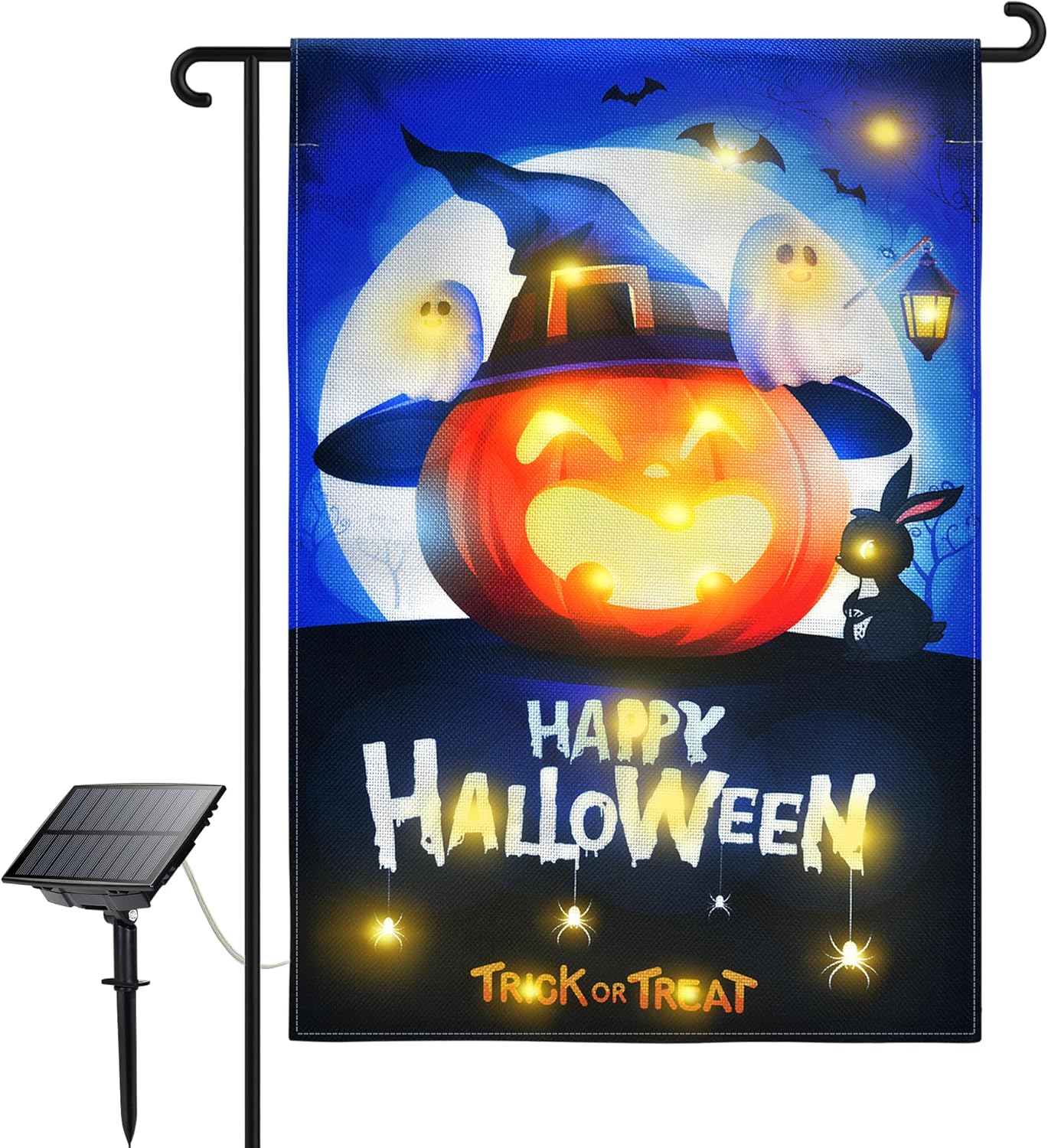 Flags - NEVIRIGE Flashing Halloween Garden Flag, Cute Lighted Flag with Pumpkin Ghost Design for Halloween Decorations, Solar Lighted Funny Yard Flag with 2 Charging Ways for Outdoor and Indoor