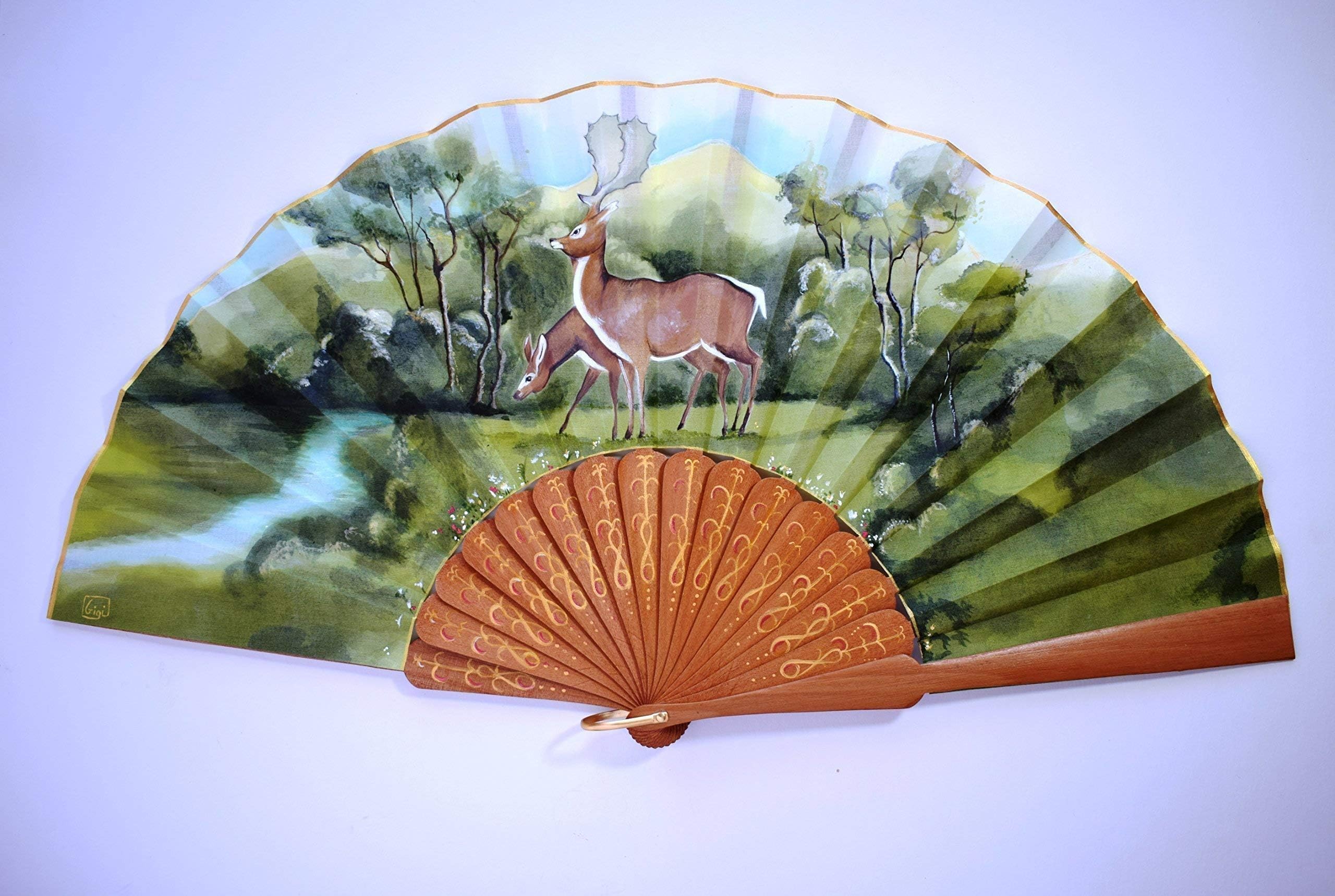 DEERS folding handfan/Hand painted Fan/Wooden