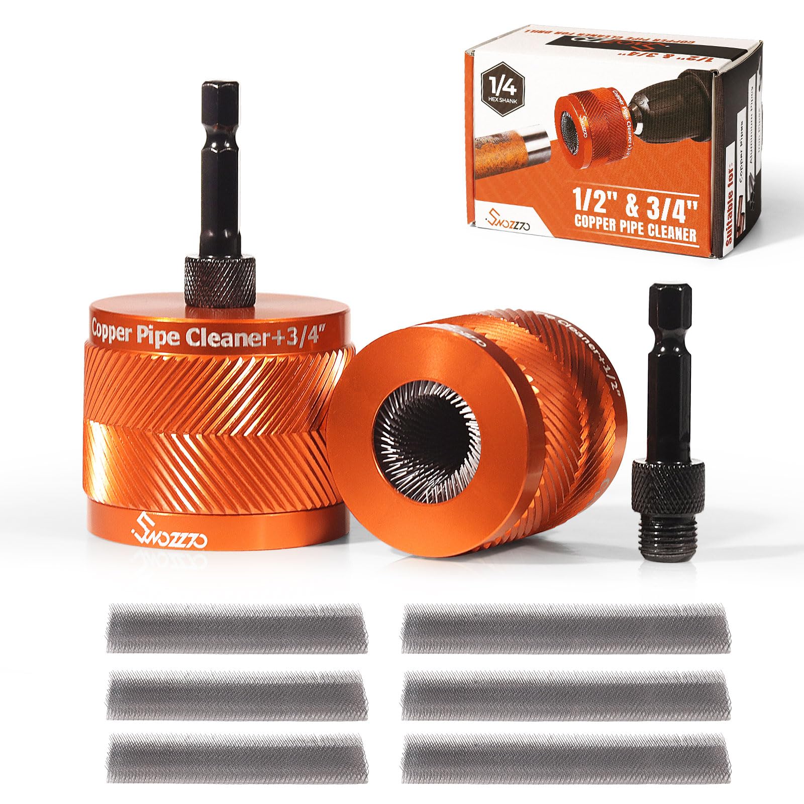 Photo 1 of Swozzto 1/2" & 3/4" Metal Copper Pipe Cleaner Set,with 1/4 Hex Shank,Each Additional 2PCS Replaceable Blades are Provided,for Cleaning Rust, Stains, Paint on Copper Pipes and Various Metal Pipes