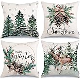 GEEORY Christmas Tree Reindeer Pillow Covers 18 x 18 Inch Set of 4, Xmas Decorations, Holiday Hello Winter Decorative Throw Pillows for Sofa Green G717-18