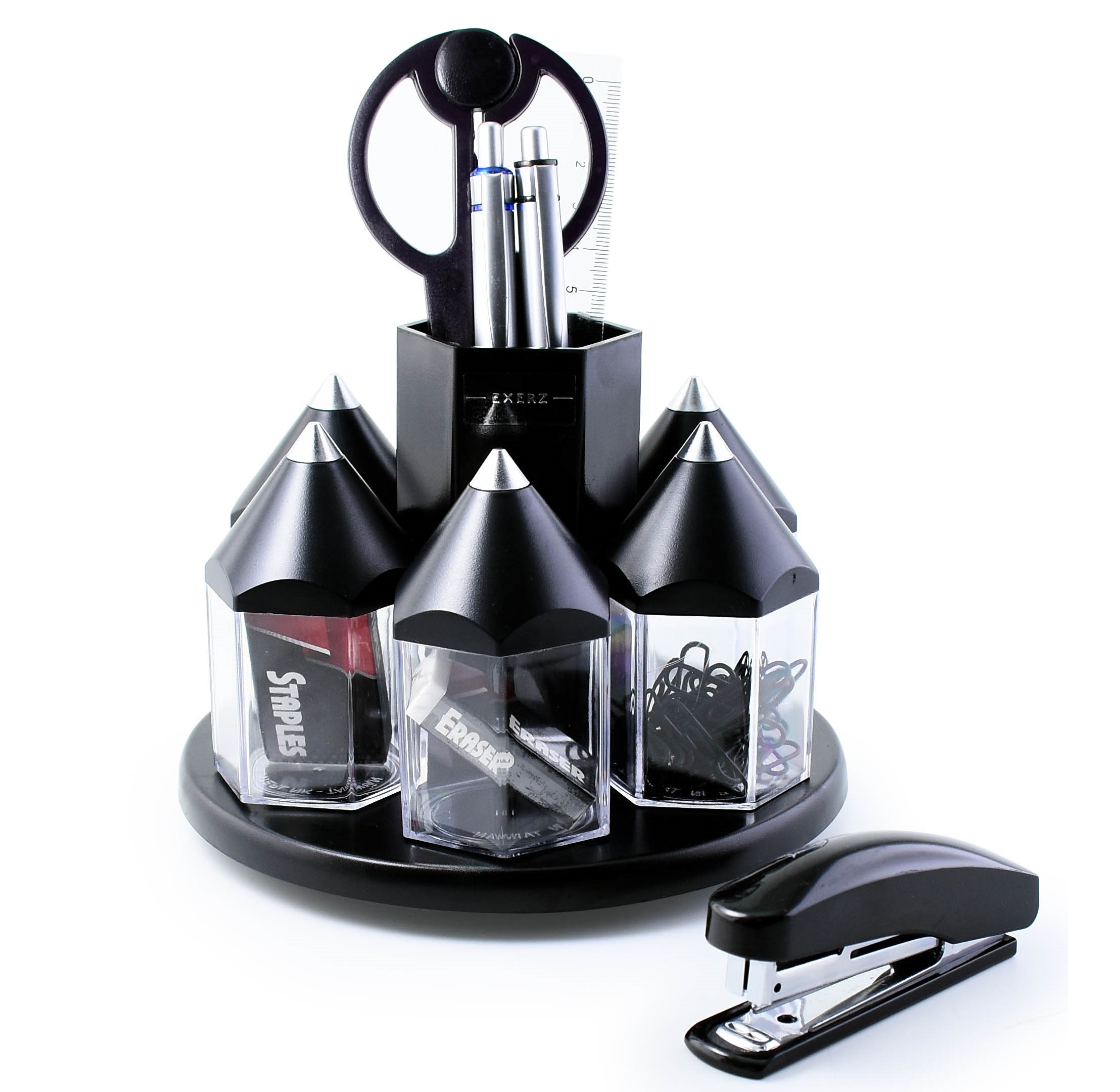 EXERZ Black Desk Organiser, Rotating Pen Tidy with 5 Accessory Boxes, Stationery Included