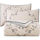 vctops 3-Piece Elegant Floral Embroidered Bedspread Coverlet Set Oversize Queen 100% Cotton Reversible Patchwork 1 Quilt and 2 Pillow Shams (Flower B,Oversize Queen)