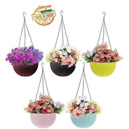 Beautiful Round Plastic Flower Hanging Pot (Multicolor, Pack of 5, Medium)