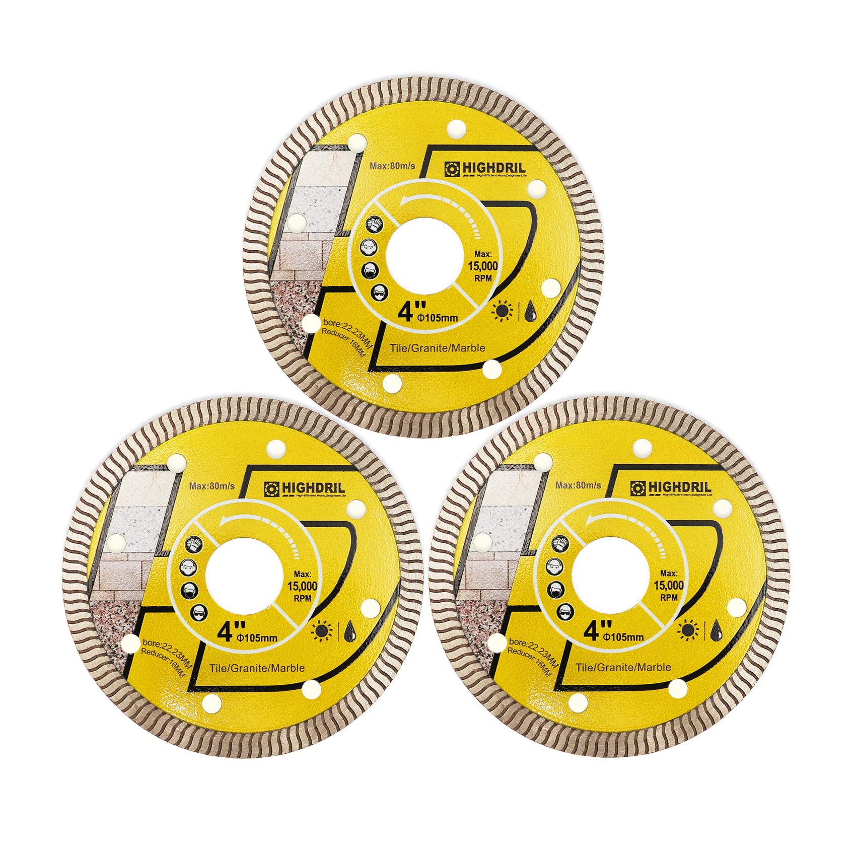 HIGHDRIL Diamond Saw Blade - 3Pcs 105MM Diamond Tile Blade with 22.23MM Arbor, Dry or Wet Cutting Disc for Porcelain Tile Ceramic Granite Marble Hard Material Masonry