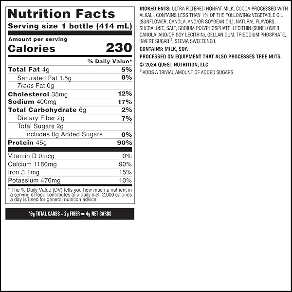 QUEST NUTRITION CHOCOLATE PROTEIN SHAKE, 45G PROTEIN, 2G SUGAR, 4G NET CARBS, READY TO DRINK, GLUTEN FREE, 12 COUNT