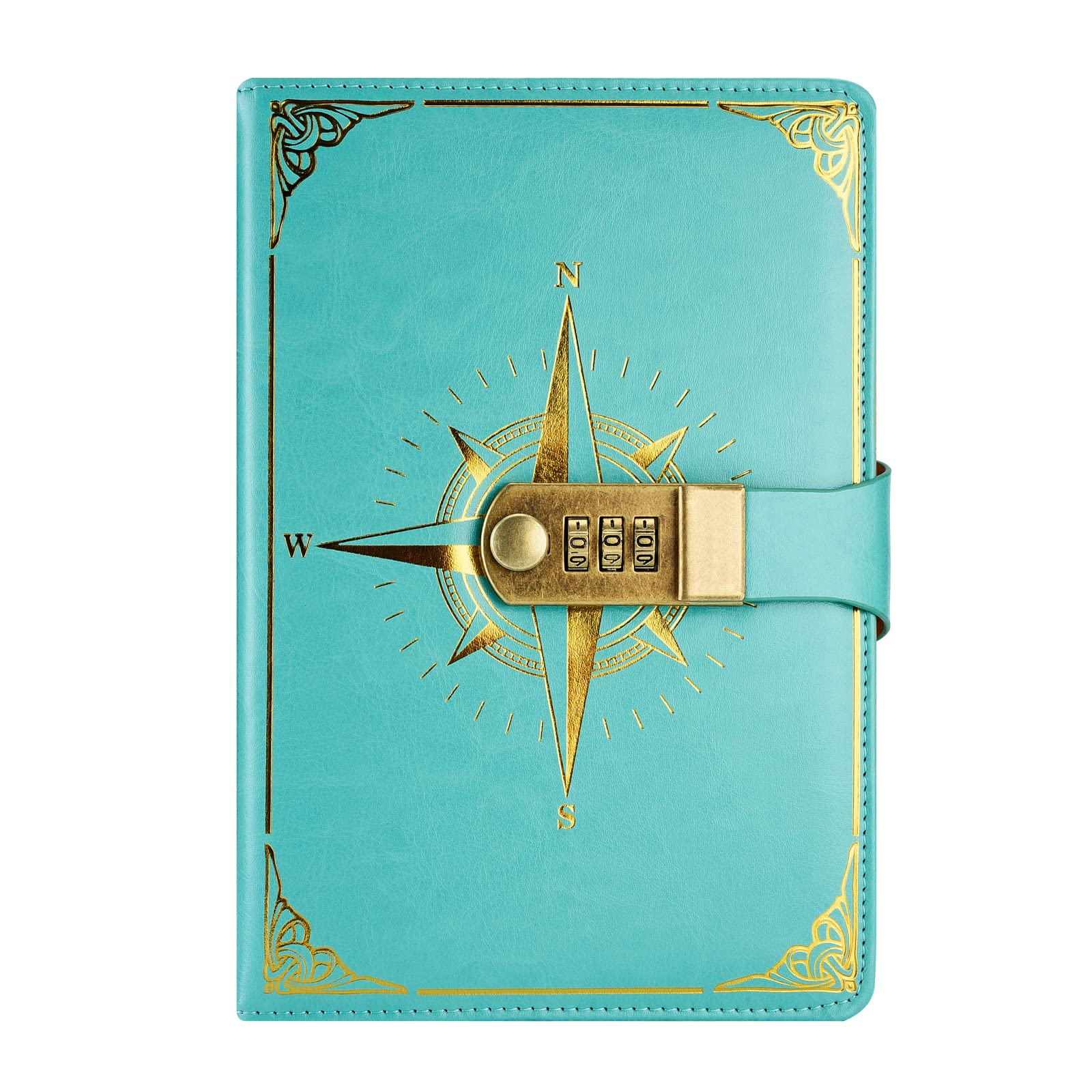 NectaRoy Vintage Travel Journal, A5 Lockable Diary(Compass Pattern), Notebook with Lock/Pen Holder/Card Slots, Office School Supplies Student Stationery, Size 8.6"x5.9"