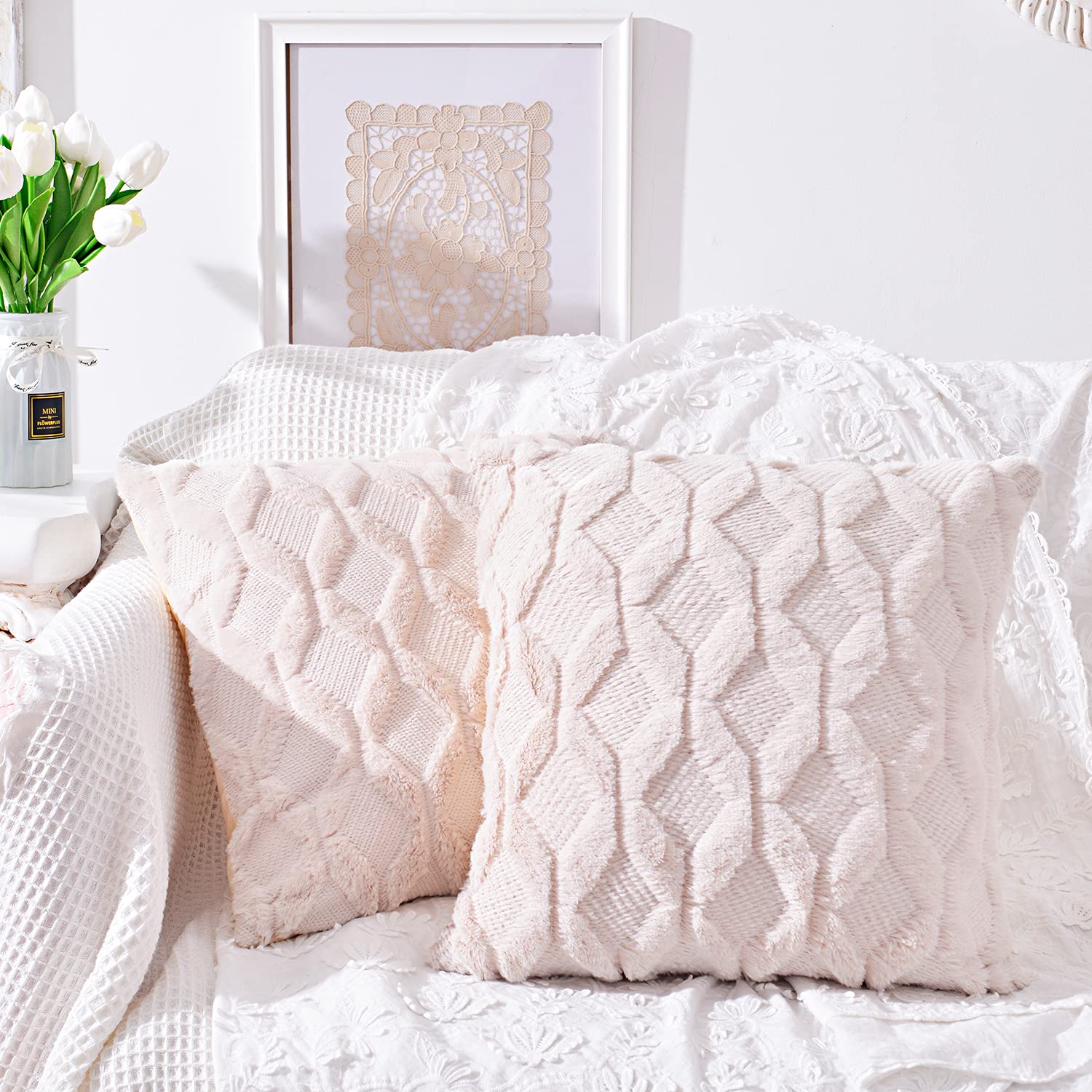 SEVEN HITECH Decorative Velvet Cushion Covers 18x18 Inch Soft Plush Square Throw Pillowcases Set of 2 for Sofa Living Room Bedroom Luxury Style 45x45cm, Beige