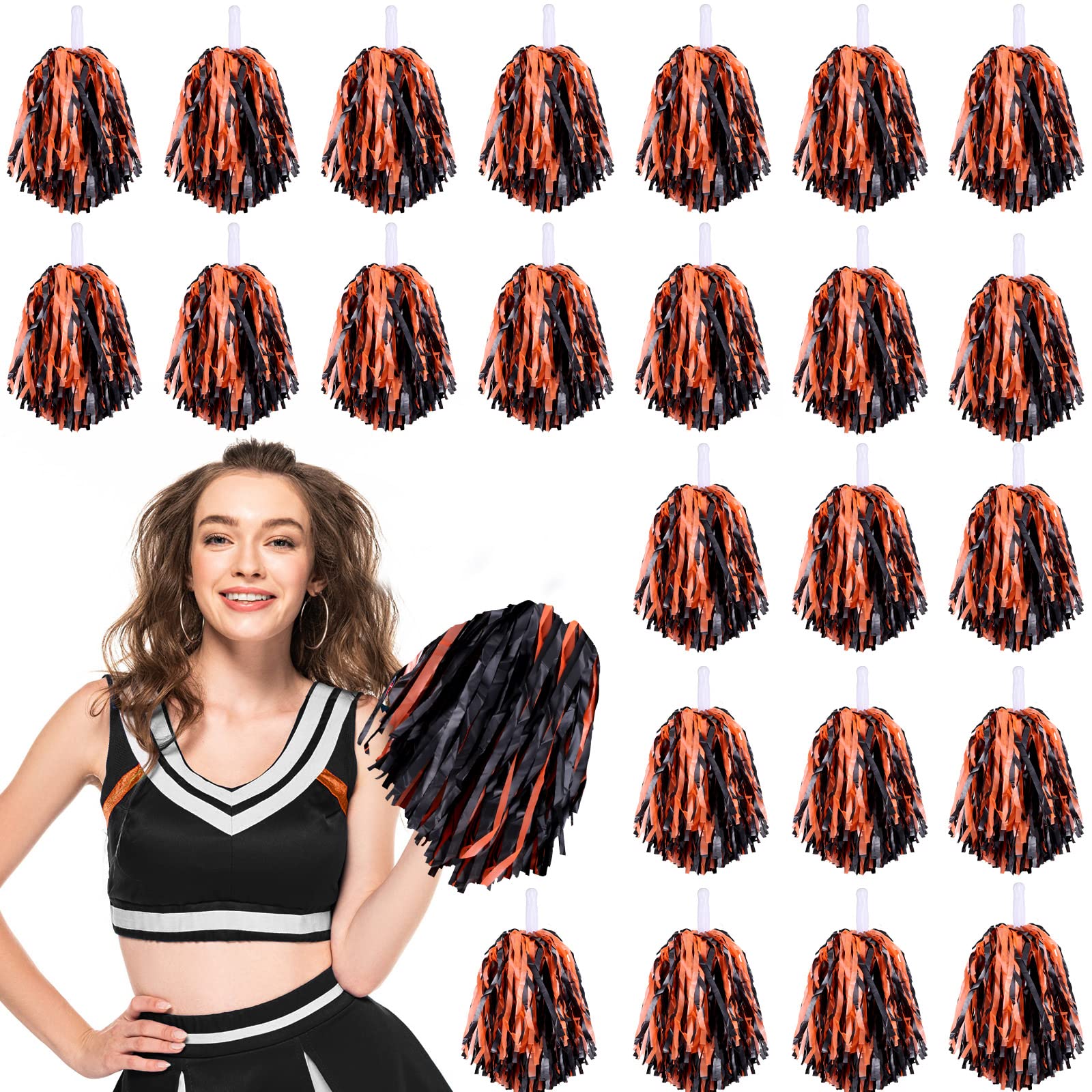 Photo 1 of 24 Pcs Pom Poms Cheerleading Cheerleader Spirited Cheer Baton Handle Metallic Foil for Sports Team Party Dance Cheering(Orange, Black)