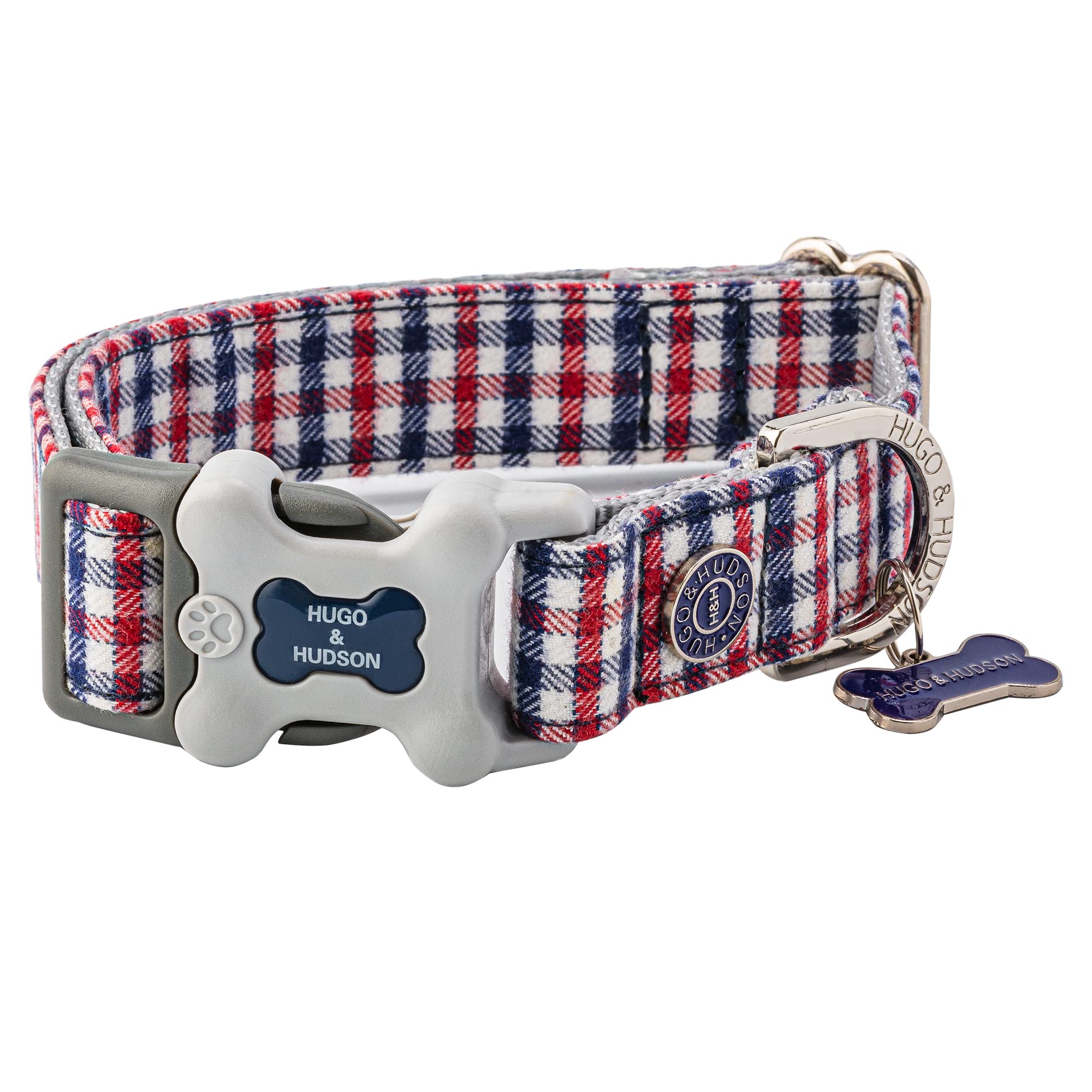 HUGO & HUDSON Nylon Dog Collar with Quick Release Safety Buckle, Navy & Red Checked, XS