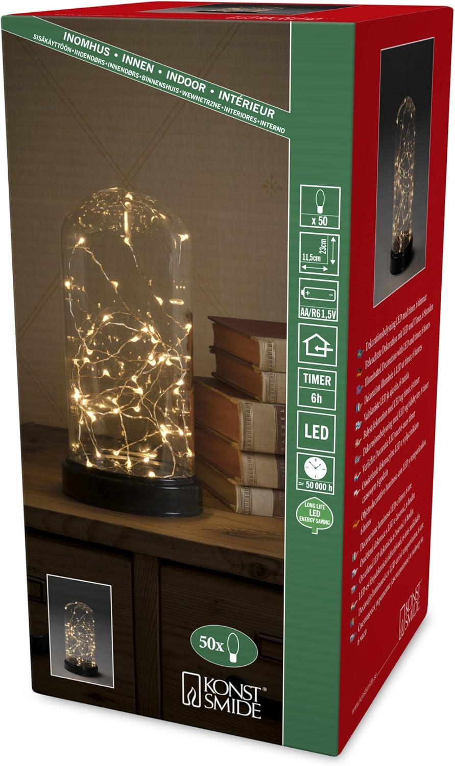 Konstsmide Dome Jar Decorative Lamp/Battery Lamp/LED Decorative Small Glass Effect Dome with Silver Wire/6H Timer/50 Amber White Diodes/Battery Operated 3AA (Not Included)/Indoor Use/Silver Wire