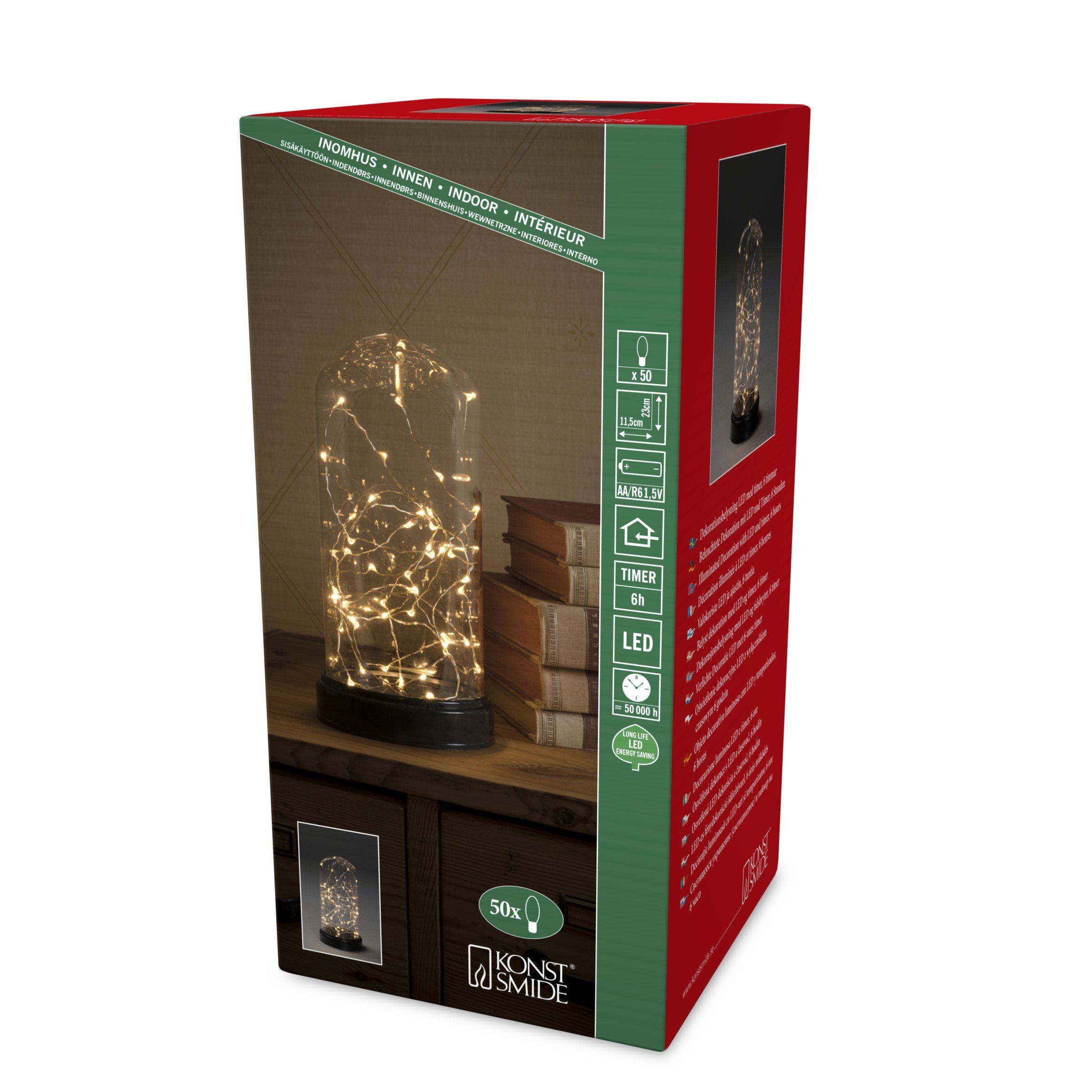 Konstsmide Dome Jar Decorative Lamp/Battery Lamp/LED Decorative Small Glass Effect Dome with Silver Wire/6H Timer/50 Amber White Diodes/Battery Operated 3AA (Not Included)/Indoor Use/Silver Wire