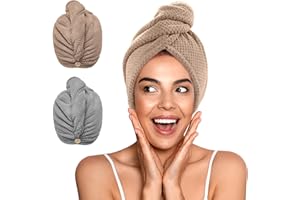 YFONG 2 Pack Microfiber Hair Towel Wrap for Women, Super Absorbent Quick Dry Hair Turban for All Hair Style Anti Frizz, Large Hair Drying Towel with Button