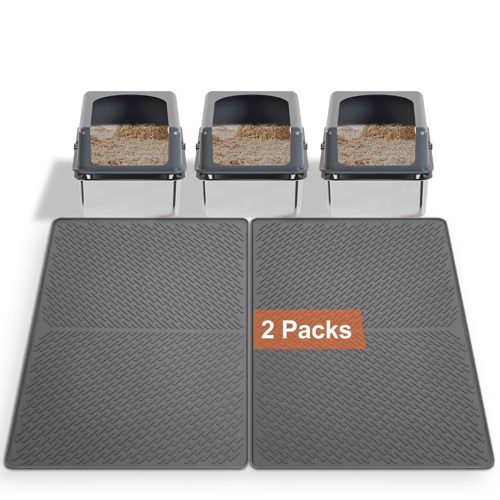 Odoland 2PCS Cat Litter Mat, 71 * 51cm Large Litter Tray Mat Scatter Control Silicone Waterproof Pet Litter Tray Mat Durable Cat Mat for Litter Tray - Grey