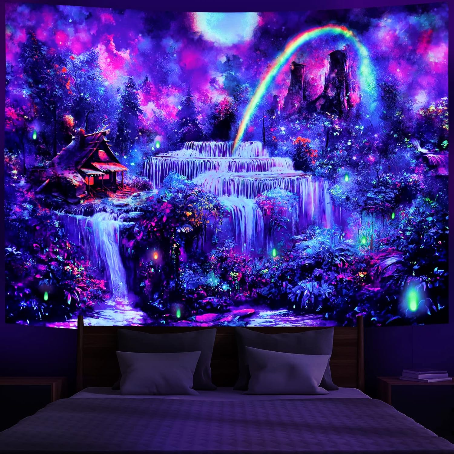 Tapestries - Racunbula Blacklight Tapestry Fantasy Forest Tapestry UV Reactive Waterfall Rainbow Tapestry Misty Jungle Plants Tapestry Nature Landscape Wall Hanging for Living Room (Waterfall, Small)