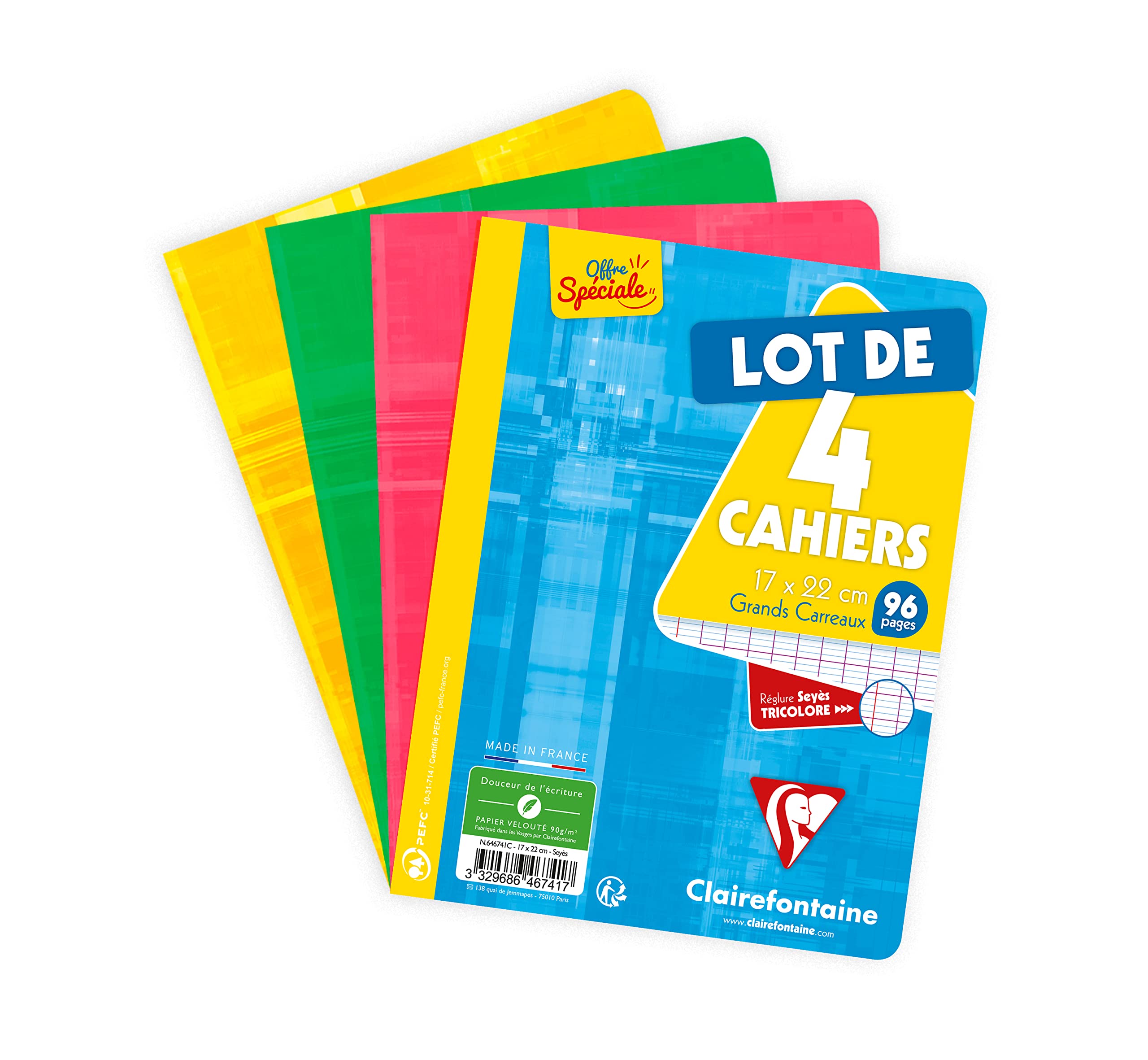 Clairefontaine 646741C - Set of 4 Stapled Notebooks - Dimensions: 17x22 cm - 96 Seyes Ruled Pages - White Paper 90 g - Laminated Card Cover Random Colours