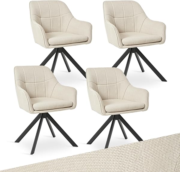 Goeurvant Drehstuhl Esszimmer Beige mit Armlehne, 4er Set drehbarer esszimmerstuhl, Küchenstuhl,Polsterstuhl, aus Polyester, mit Metallbeine für Esszimmer Küche Büro