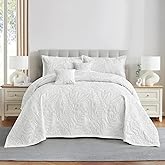 HZ & HY Botanical Oversized King Bedspread 128x120 Extra Wide, Leaves Pattern Stitching Quilt Set, Elegant & Fresh Style Bedding Cover, Reversible, Lightweight 5 Piece Set, White