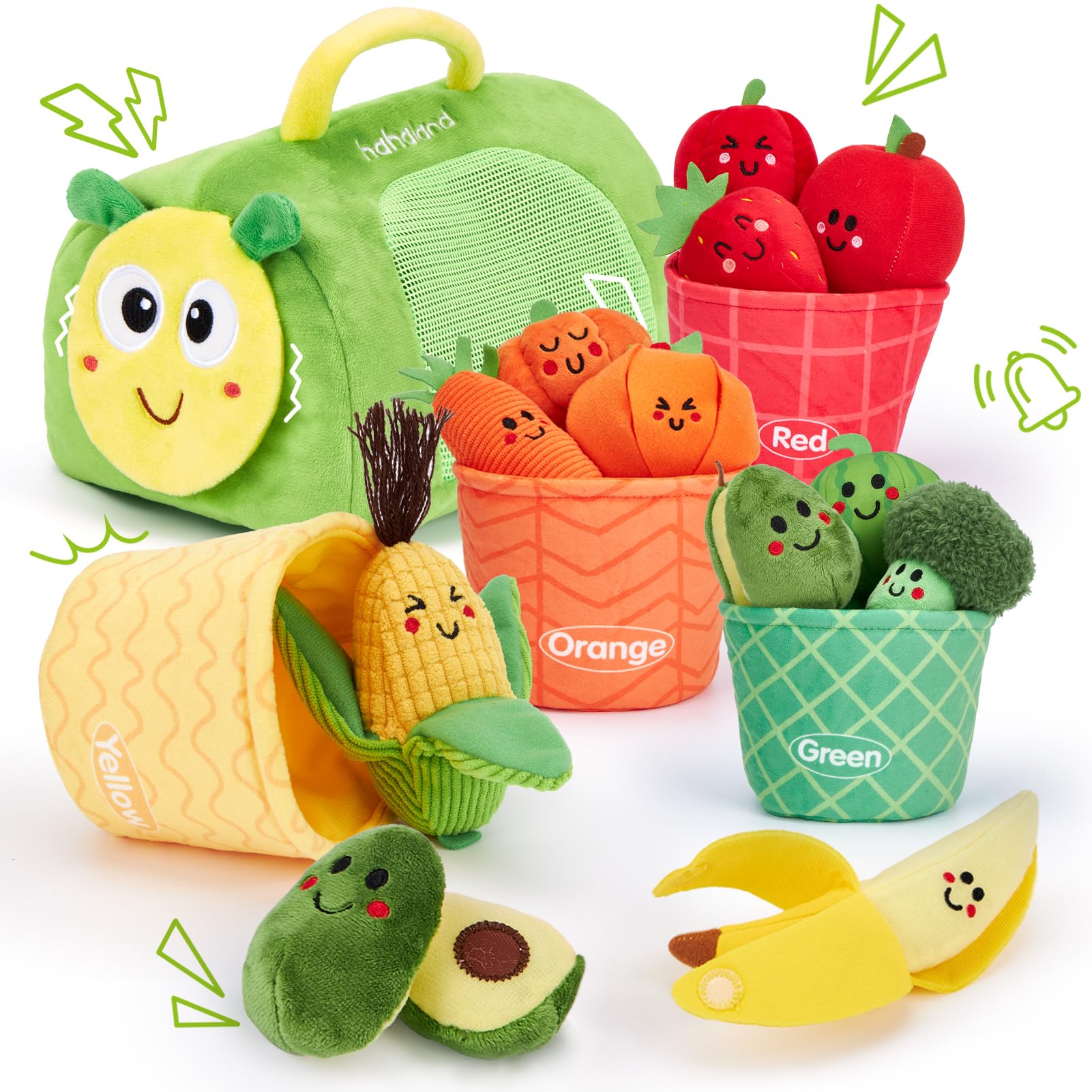 hahaland Montessori Toys for 1 Year Old - 17 PCS Color Sorting Fruits & Veggies, Plush Play Food with Caterpillar Storage Bag, Sensory Baby Toys 6-12 Months First Learning Baby Easter Basket Stuffers