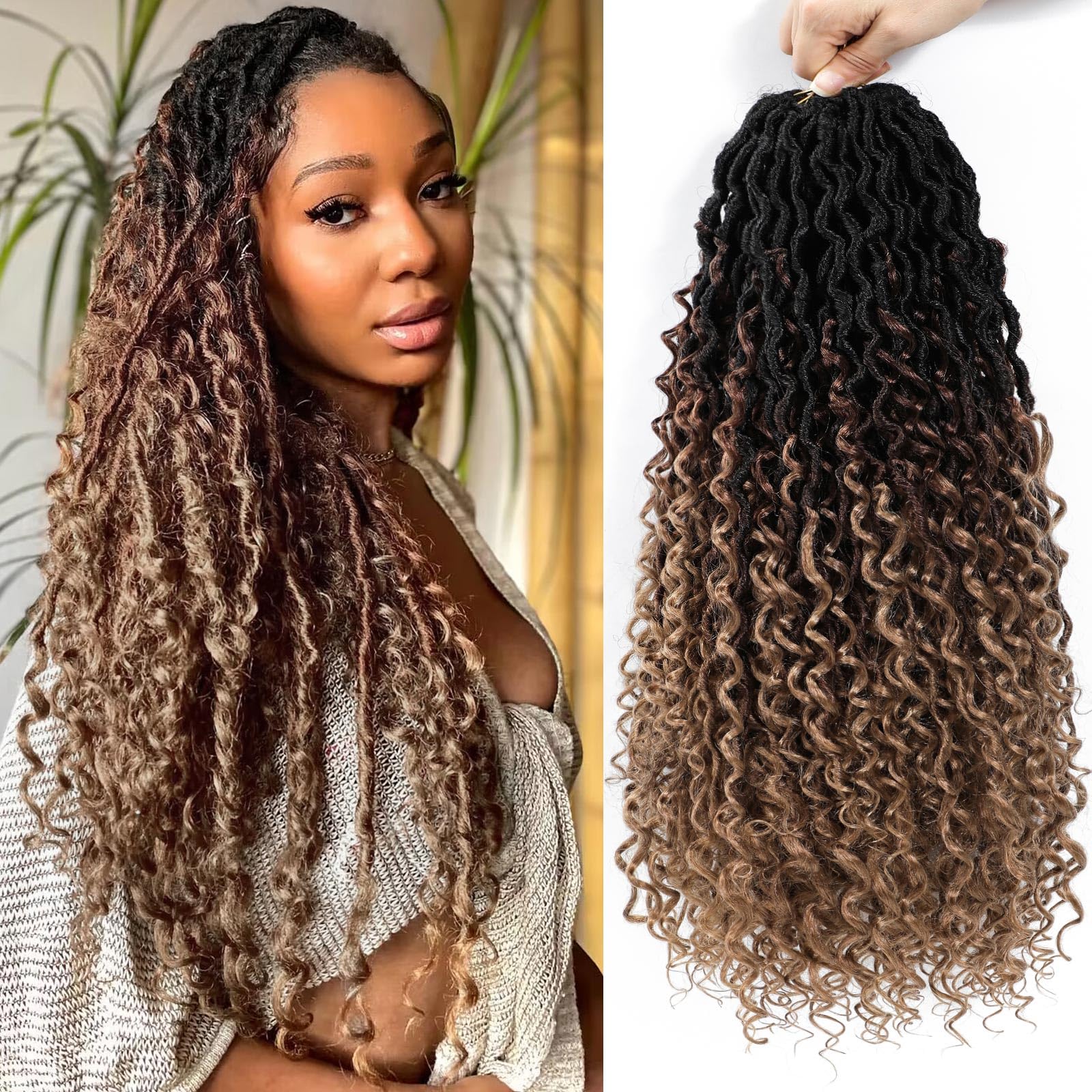 Photo 1 of 24 Inch Ombre Goddess Locs Crochet Hair 8 Packs Faux Locs Crochet Hair for Women 3 Tone River Locs Hair with Curly Ends Synthetic Style (#1B/30/27)